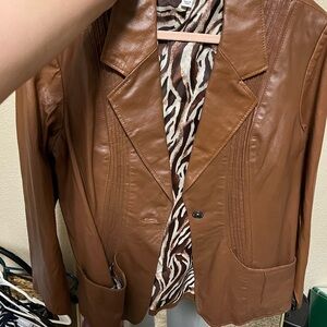 Denim&Co Brown Leather Jacket with Notched Lapels and Zebra Lining